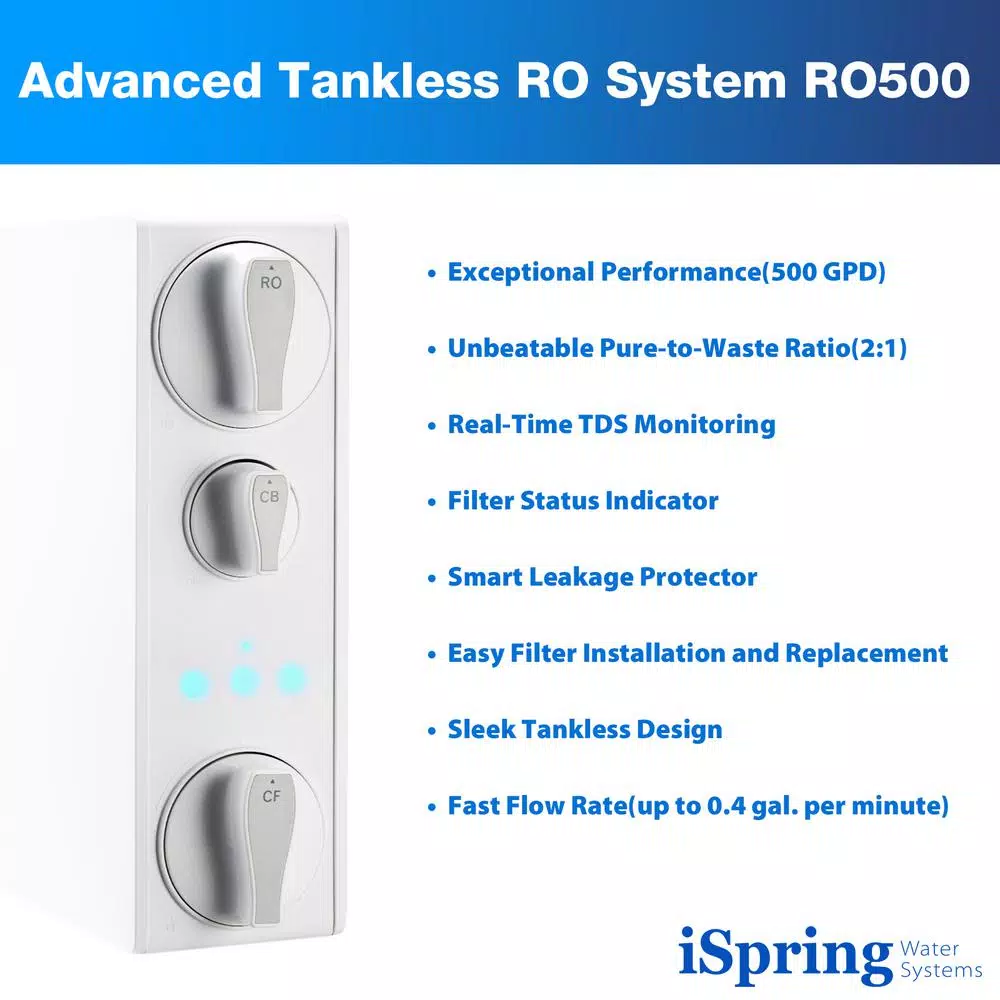 Water Filtration Systems ISPRING Tankless Reverse Osmosis Water Filtration System, Smart Faucet, 2:1 Pure To Drain Ratio, 500 GPD - Image 4