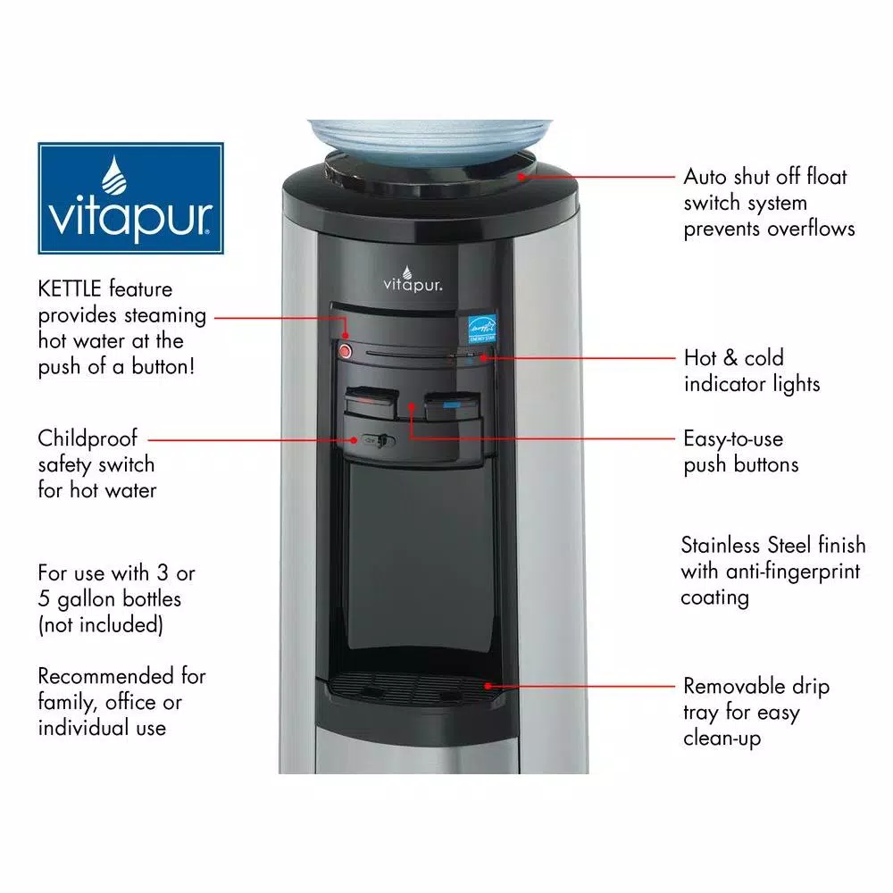 Water Dispensers VITAPUR 3-5 Gal. Hot/Room/Cold Temperature Top Load Water Cooler Dispenser With Kettle Feature In Stainless Steel/Black - Image 6